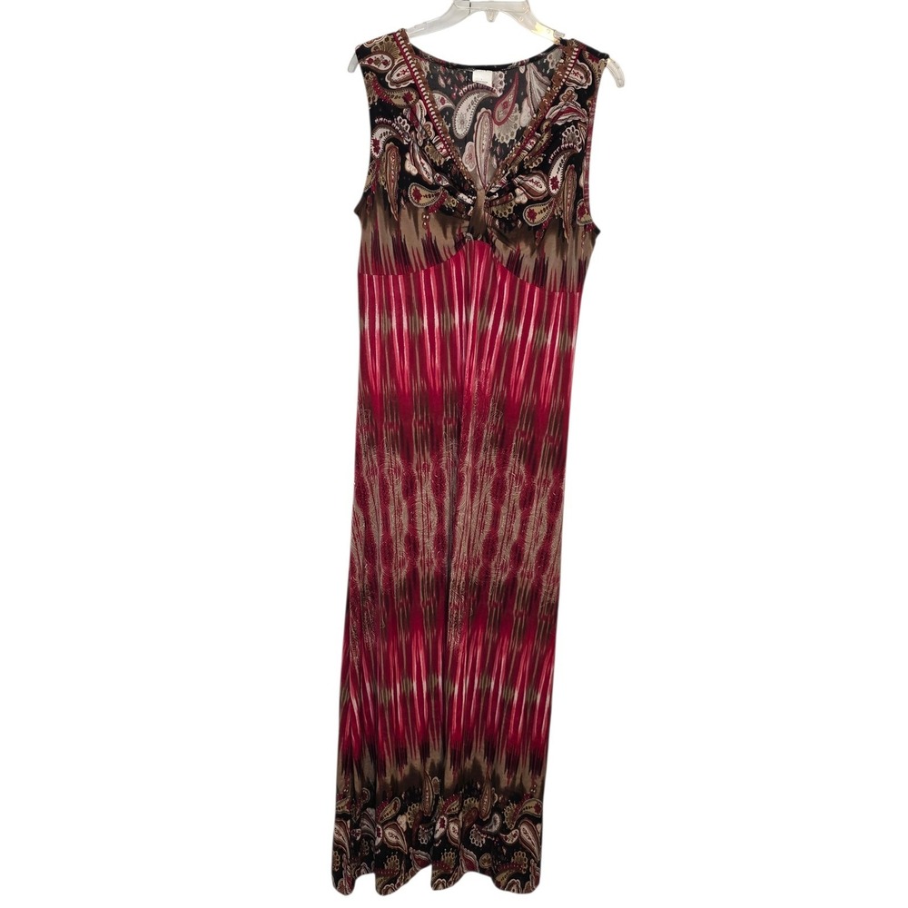 Red Paisley Ikat Print Sleeveless V-Neck Knot Front Maxi Dress Large - Picture 10 of 11